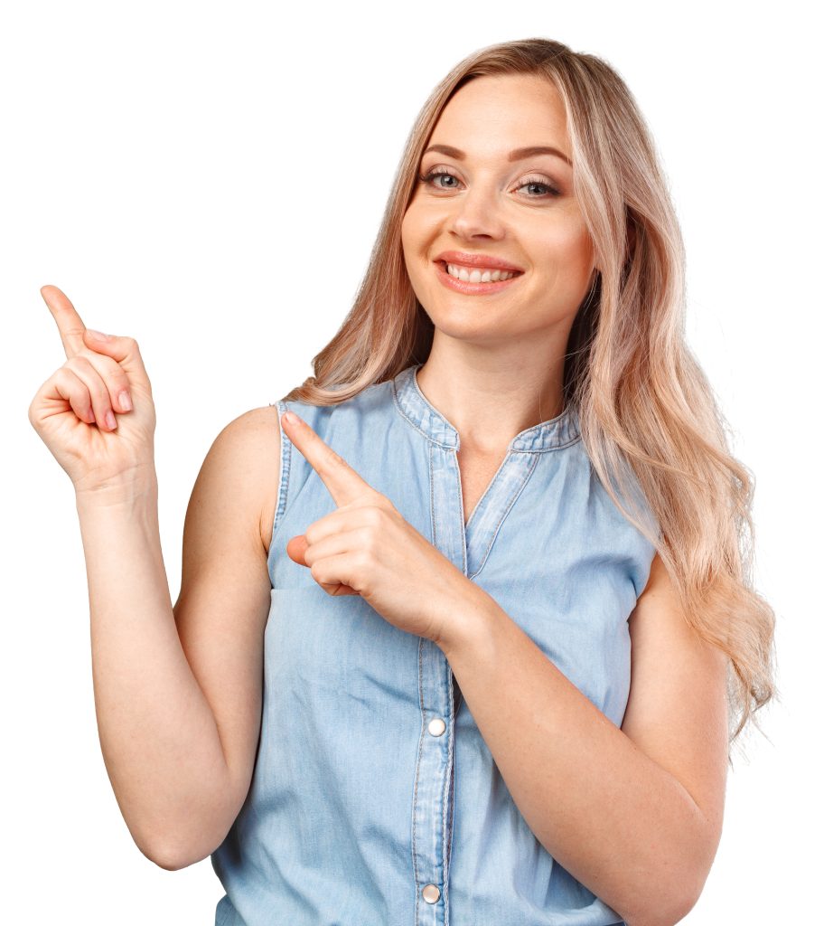 Young woman pointing right